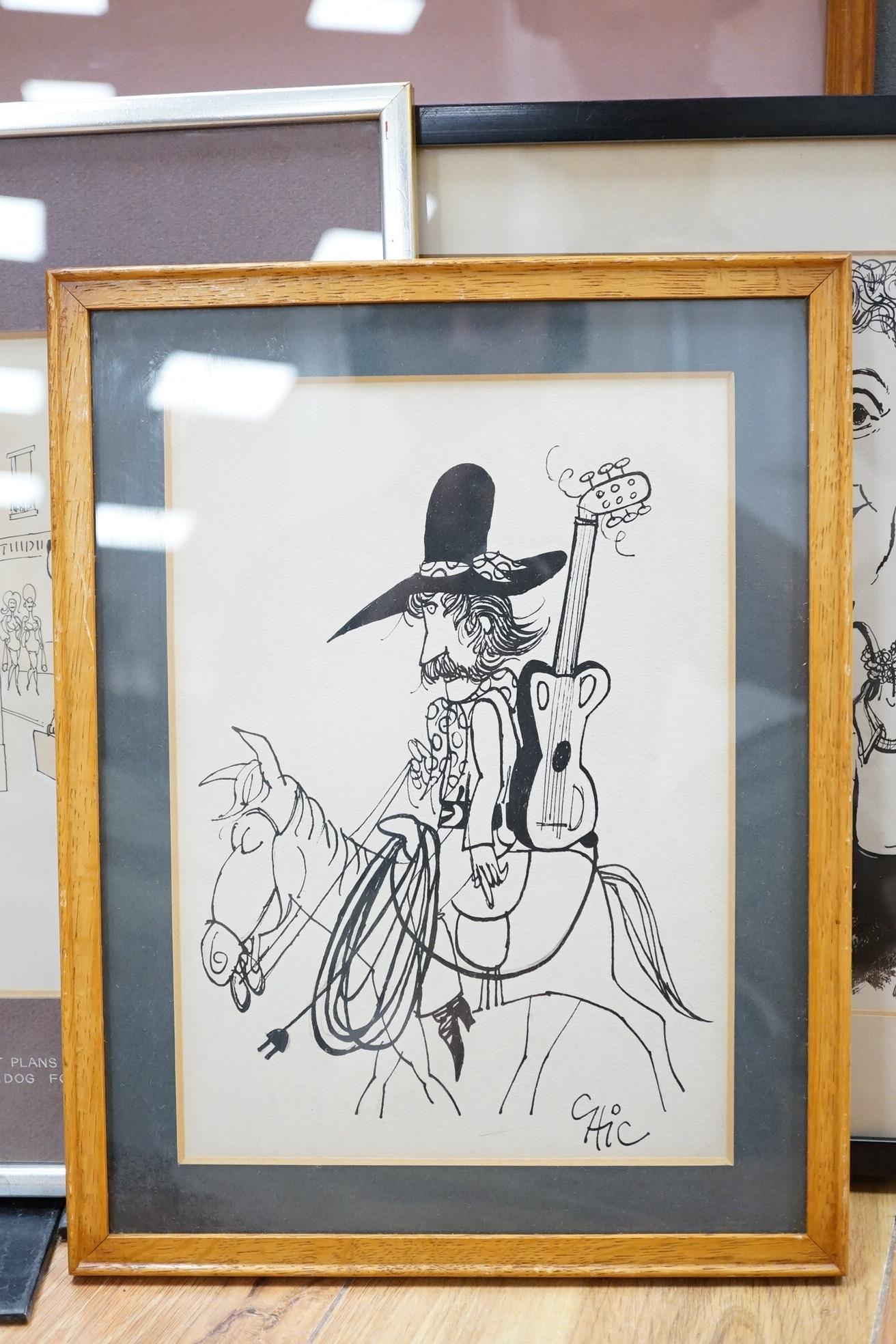 Five 1960's and 1970's original Punch cartoons, monochrome cartoons and caricatures for Punch Magazine to include David Langdon, London street scene and Hewison, Joyce Grenfell in a programme of monologues and songs, lar